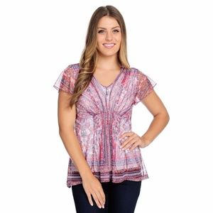 One World Red Print Sheer Lined Top - NWOT